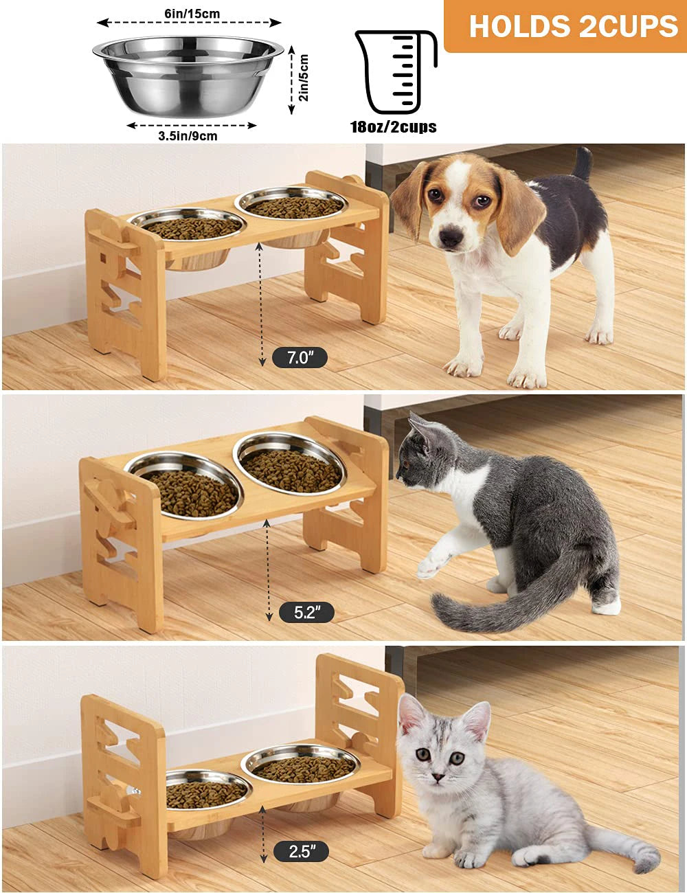 Adjustable Height Bamboo Cat Bowls – Single and Double Options