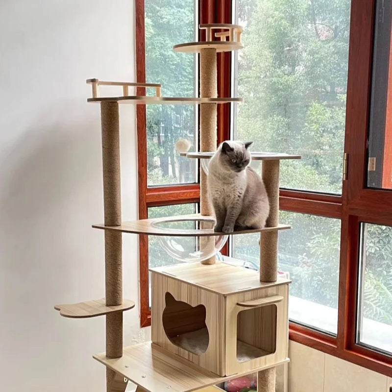 Modern Cat Tree with Clear Bowls and Playhouse