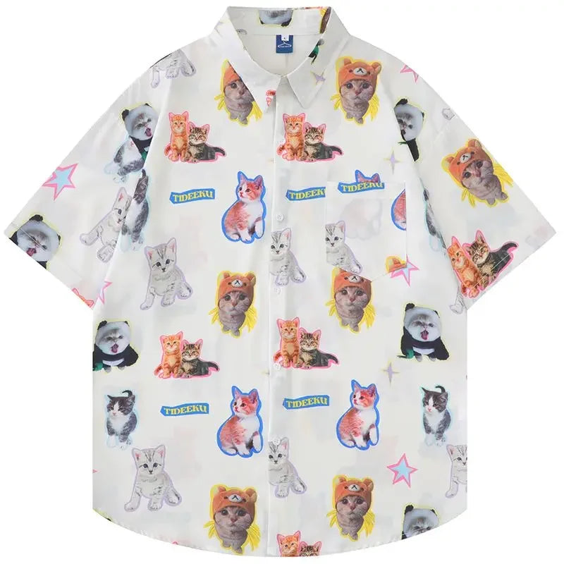 Whimsical Cat Print Button-Up Shirt