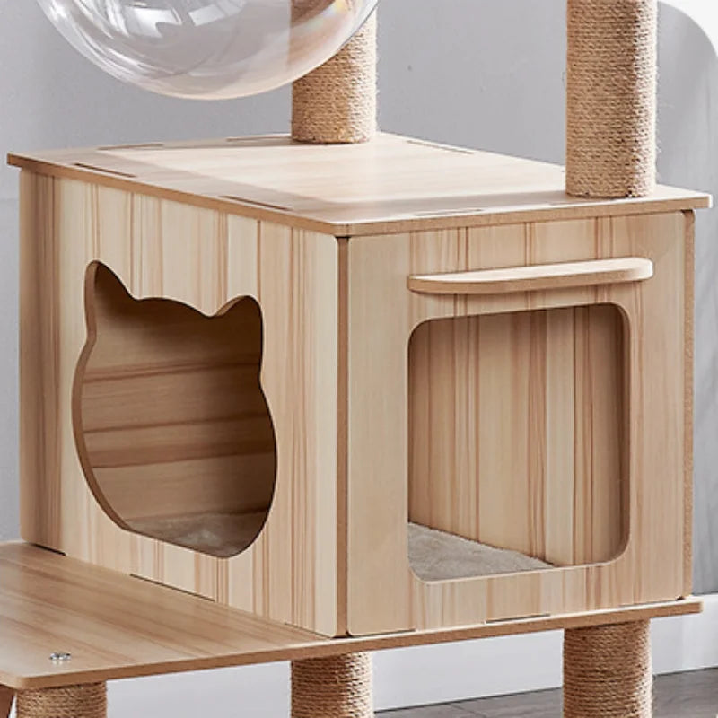 Modern Cat Tree with Clear Bowls and Playhouse