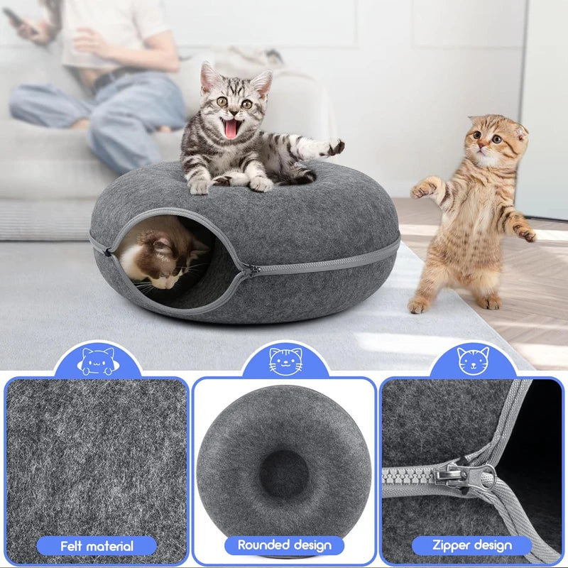 Round Felt Cat Bed with Zipper Design