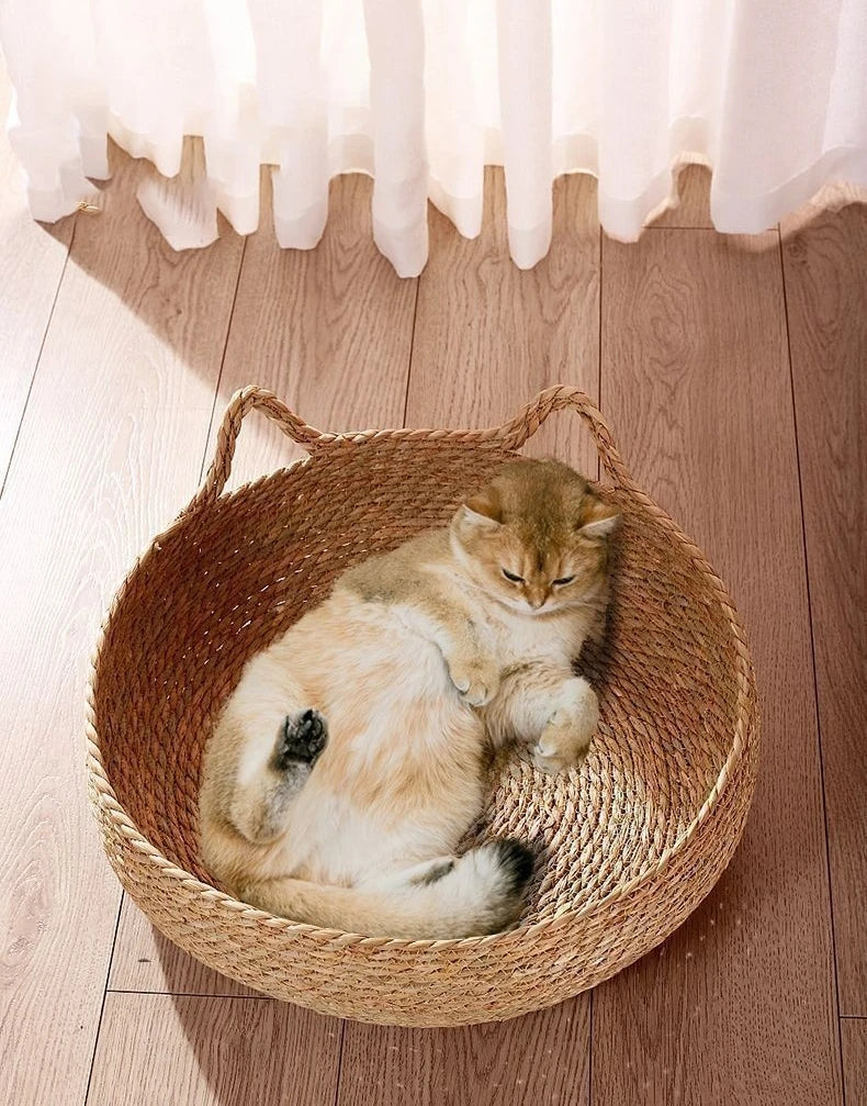 Handwoven Cat Basket Bed with Removable Cushion