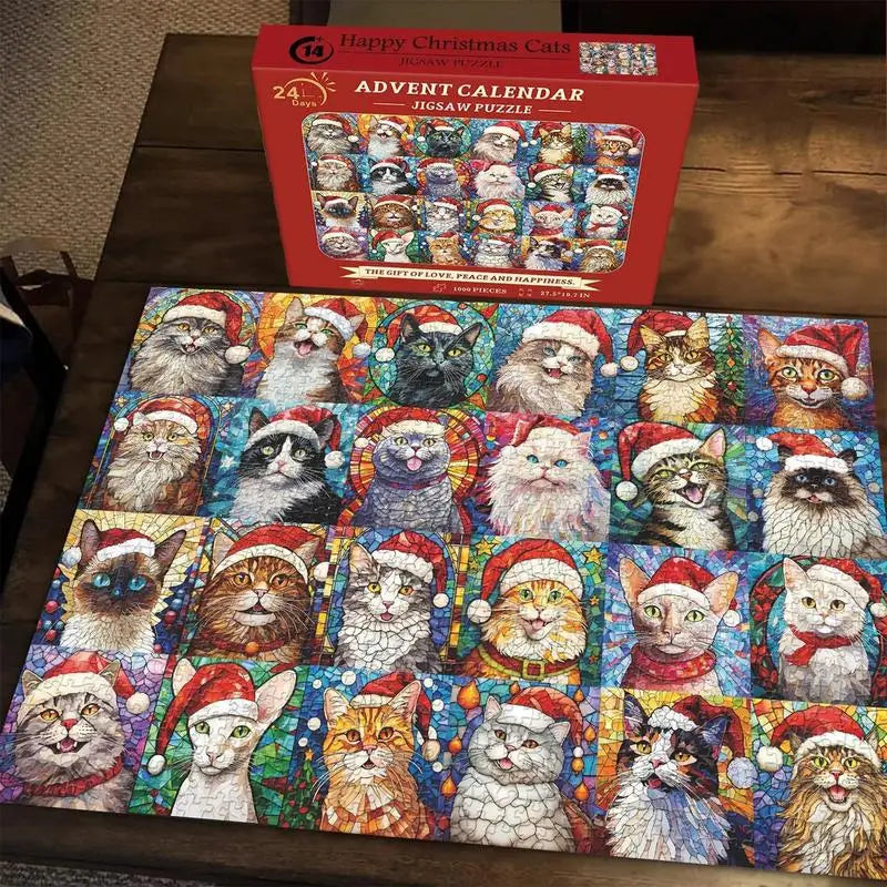 1000pcs Happy Christmas Cats Advent Calendar Jigsaw Puzzle – 24 Days of Holiday Fun!