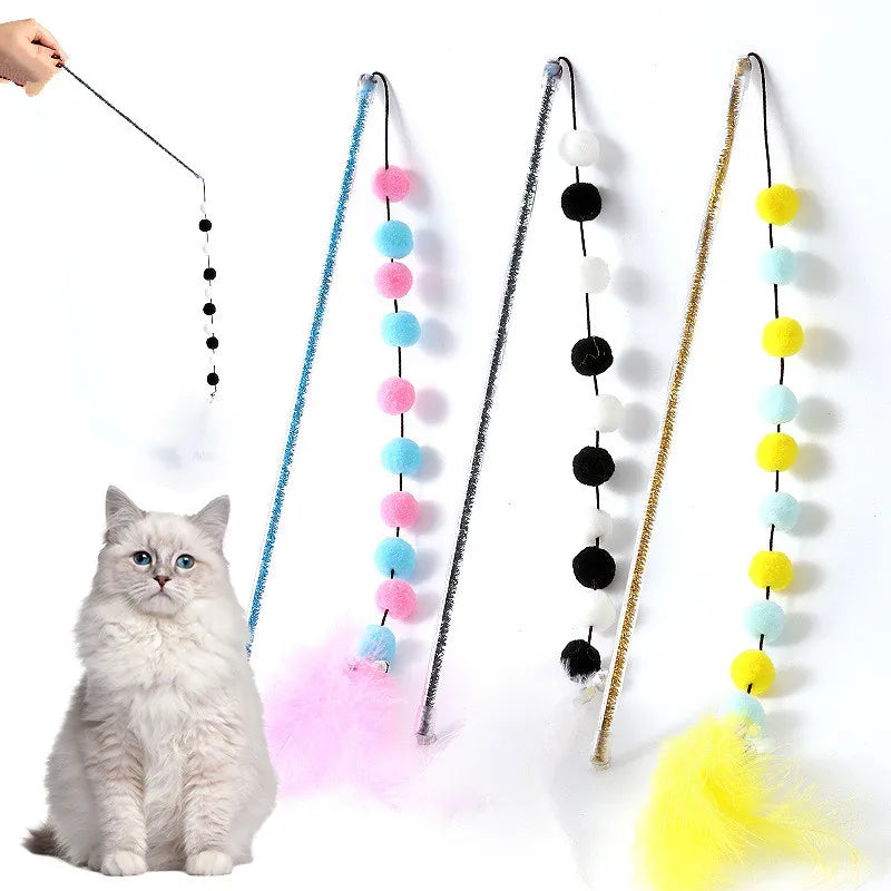 Colorful Pom-Pom Cat Teaser Wand Set