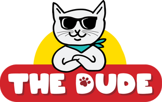 logo of the dude cat shop - white cat wearing sun glasses and bandana